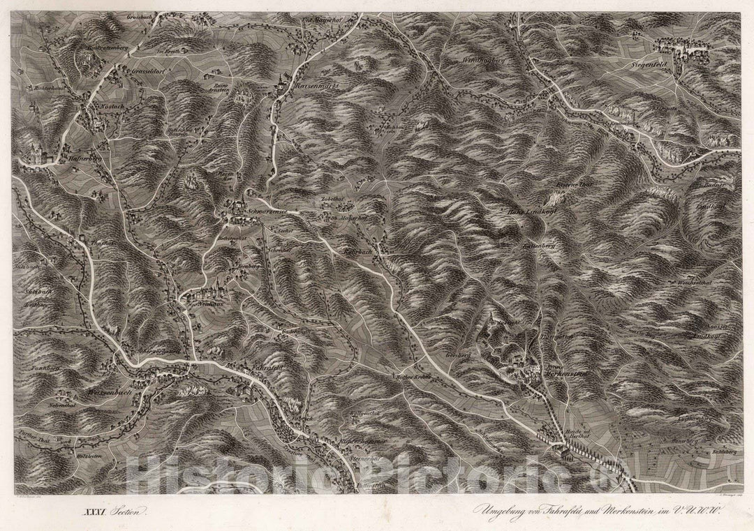 Historic Map : Austria, 1837 XXXI Section. Umgebung von Fahrafeld und Merkenstein im V.U.W.W. J. Hollnsteiner del. L. Neumayer sculp. , Vintage Wall Art