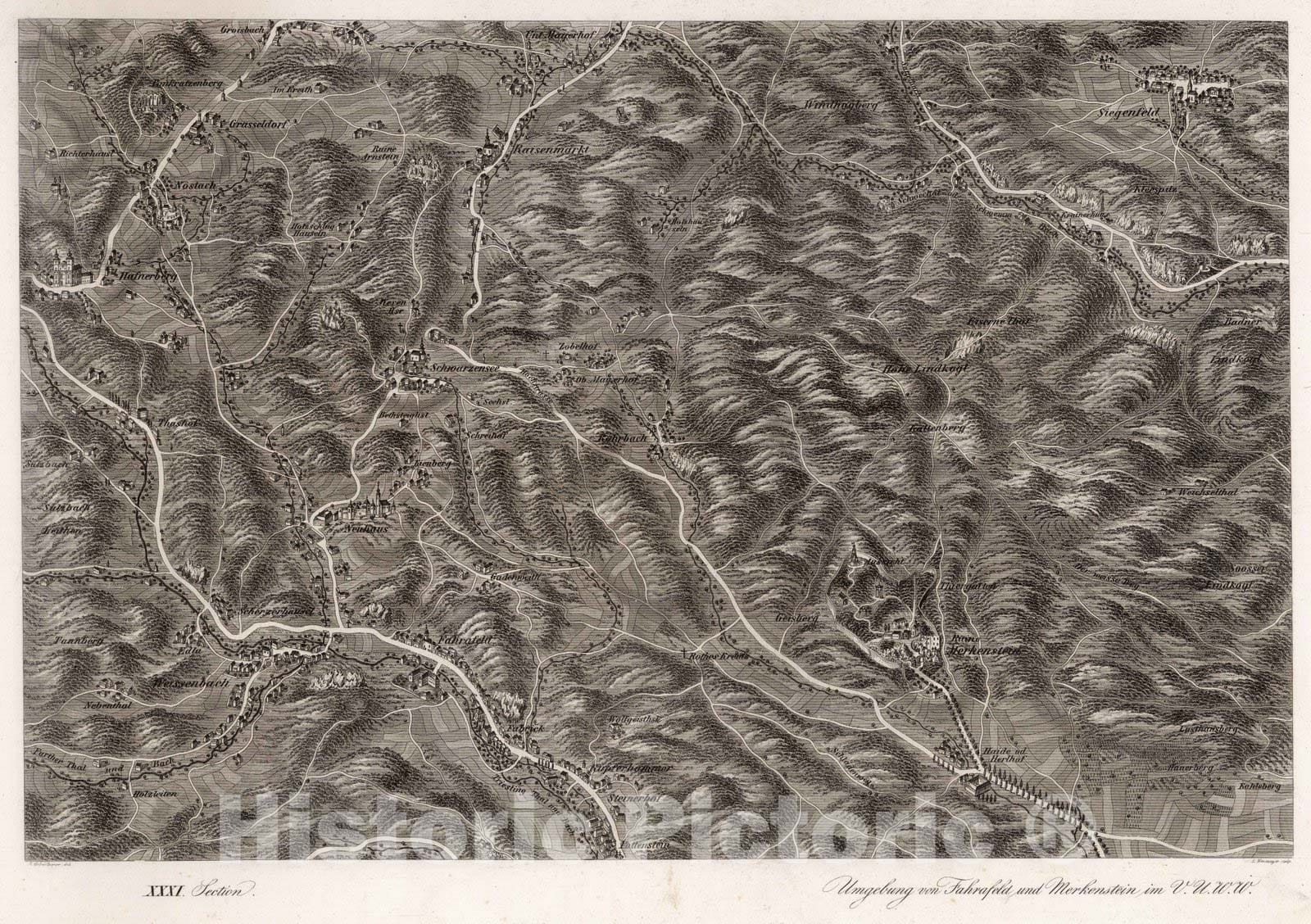 Historic Map : Austria, 1837 XXXI Section. Umgebung von Fahrafeld und Merkenstein im V.U.W.W. J. Hollnsteiner del. L. Neumayer sculp. , Vintage Wall Art