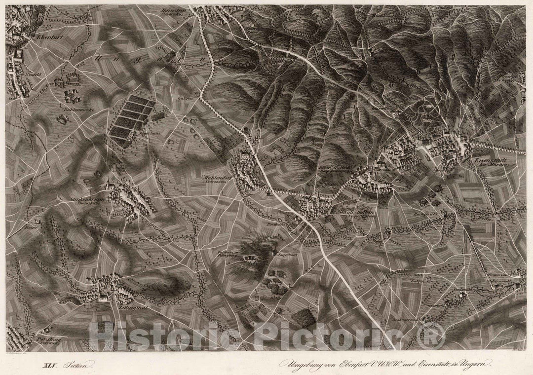 Historic Map : Austria, 1837 XLV Section. Umgebung von Ebenfurt V.U.W.W. und Eisenstadt in Ungarn. F. Mehl sc. , Vintage Wall Art