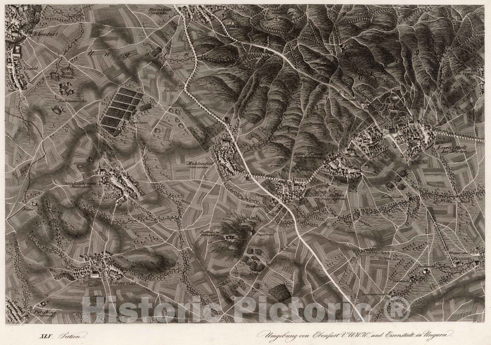 Historic Map : Austria, 1837 XLV Section. Umgebung von Ebenfurt V.U.W.W. und Eisenstadt in Ungarn. F. Mehl sc. , Vintage Wall Art