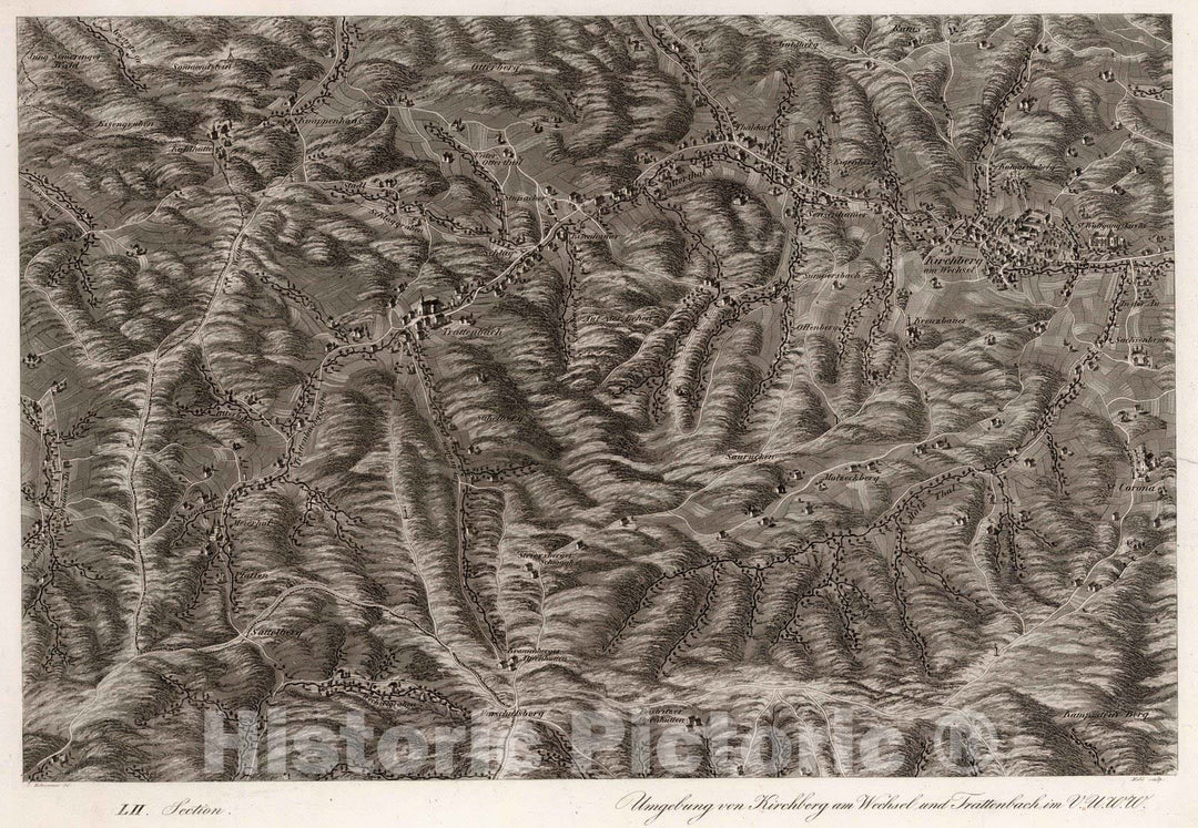 Historic Map : Austria, 1837 LII Section. Umgebung von Kirchberg am Wechsel und Trattenbach im V.U.W.W. J. Hollnsteiner del. Mehl scultp. , Vintage Wall Art