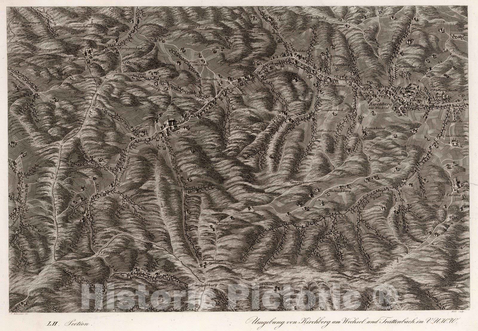 Historic Map : Austria, 1837 LII Section. Umgebung von Kirchberg am Wechsel und Trattenbach im V.U.W.W. J. Hollnsteiner del. Mehl scultp. , Vintage Wall Art