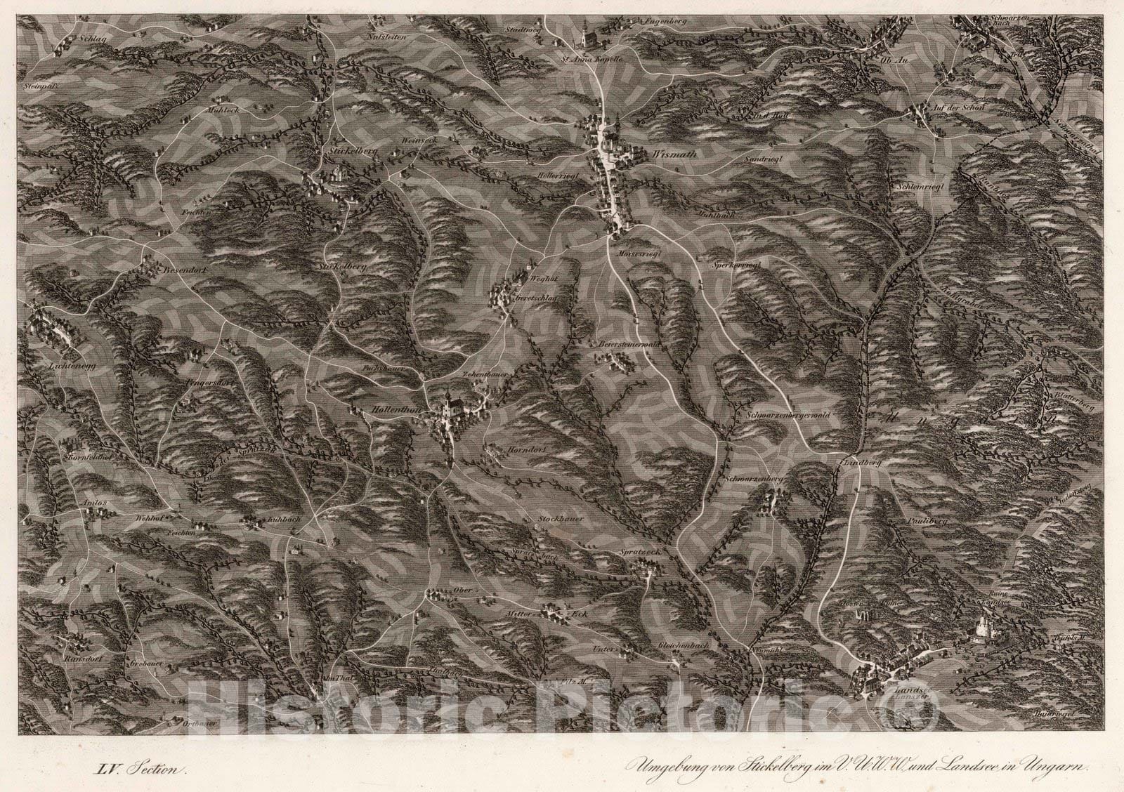 Historic Map : Austria, 1837 LV Section. Umgebung von Stickelberg im V.U.W.W. und Landsee in Ungarn. , Vintage Wall Art