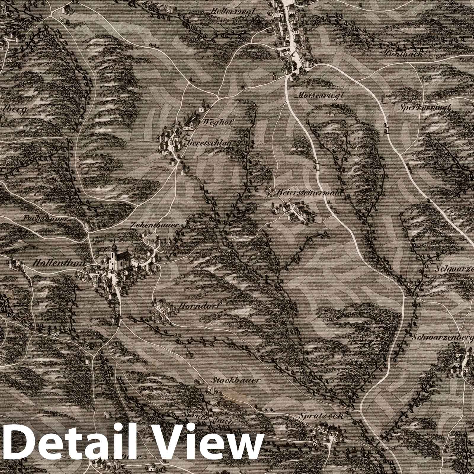 Stickelberg Region and Landsee - Bird's Eye View, 1837 - Historical Map Print