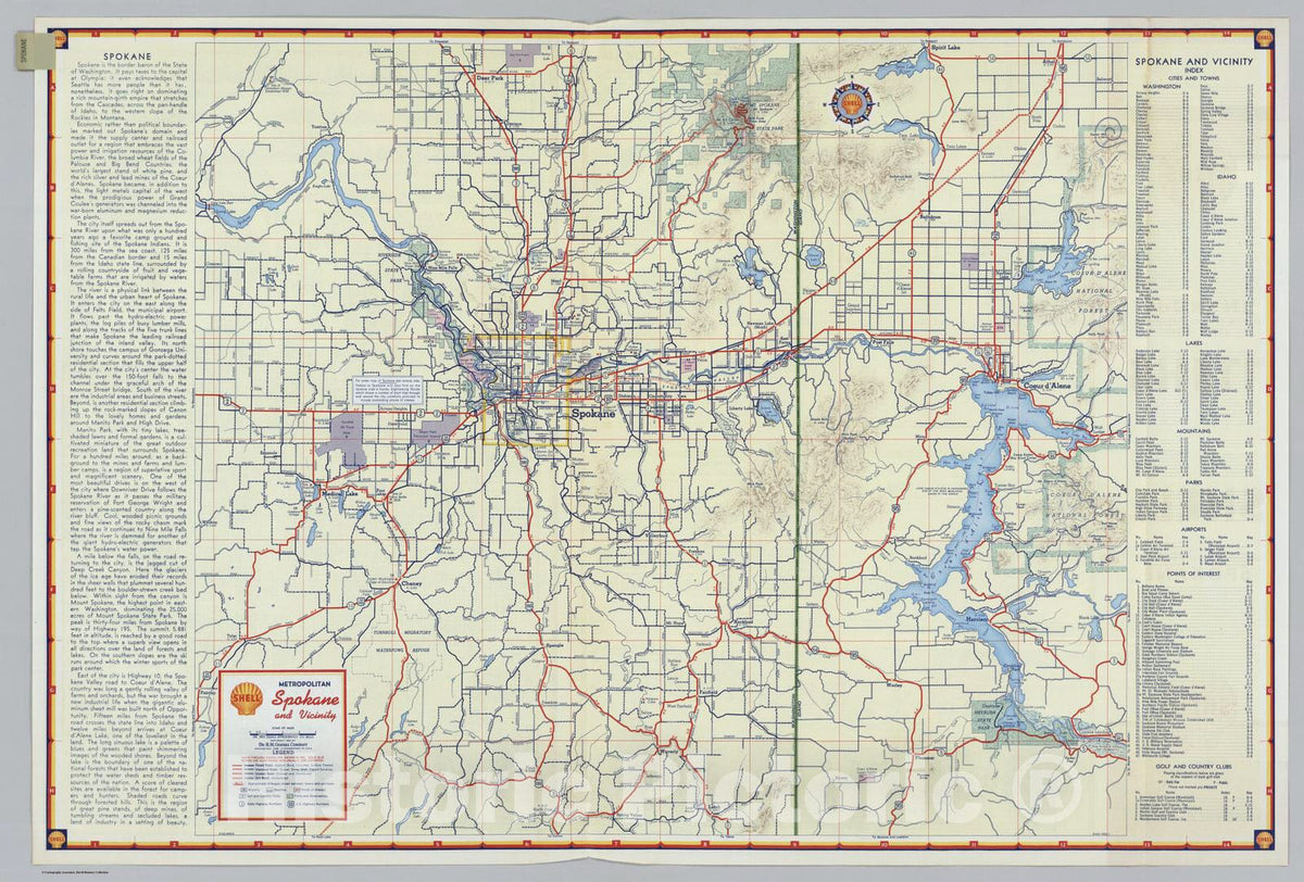Historic Map : National Atlas - 1956 Shell Metropolitan Spokane and Vicinity. - Vintage Wall Art