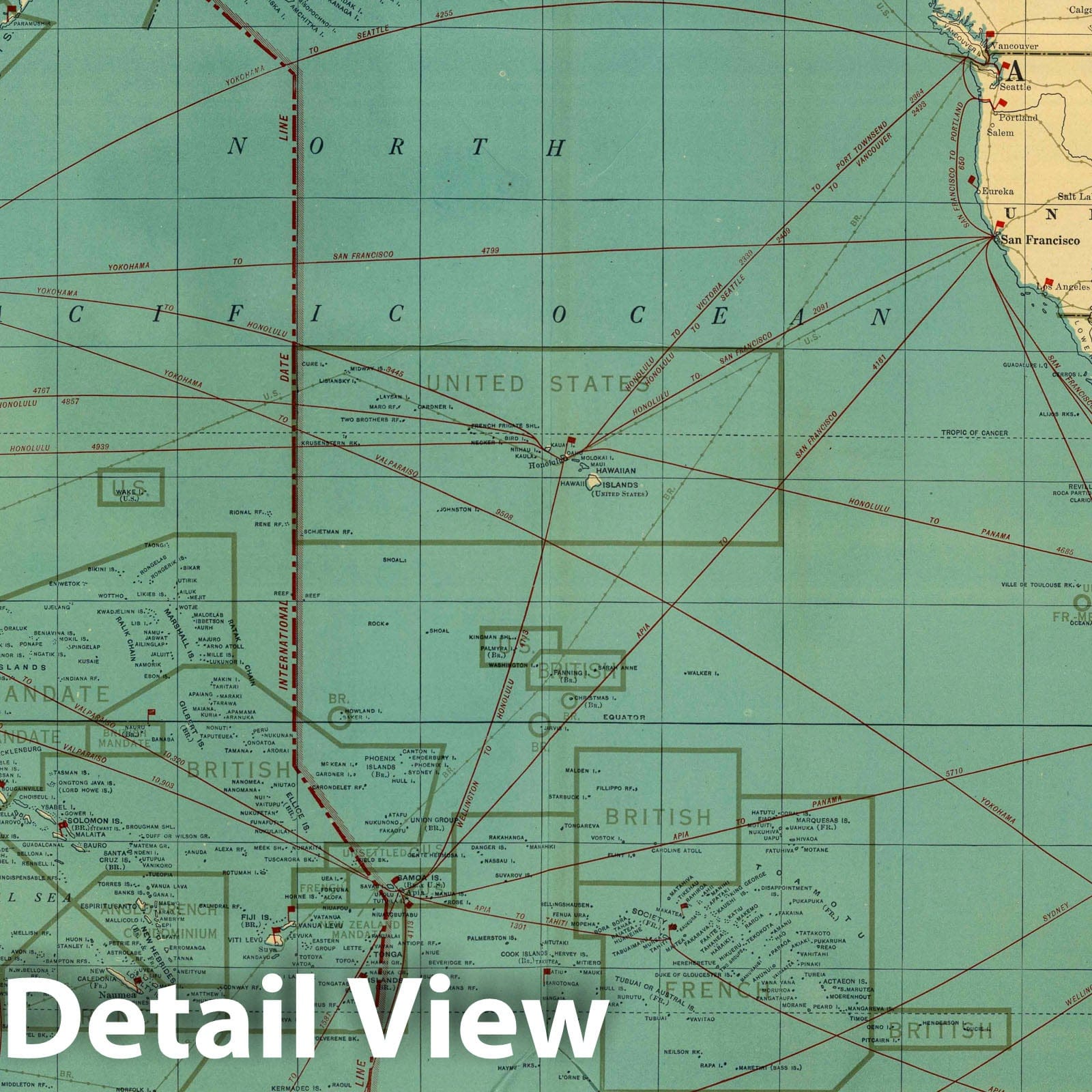 Pacific Ocean and Bordering Lands - Route Map, 1924 - Historical Map Print