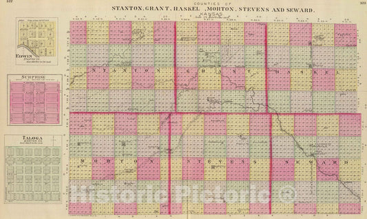 Historic Map : 1887 Stanton, Grant, Haskel, Morton, Stevens, Seward counties, Kansas. - Vintage Wall Art