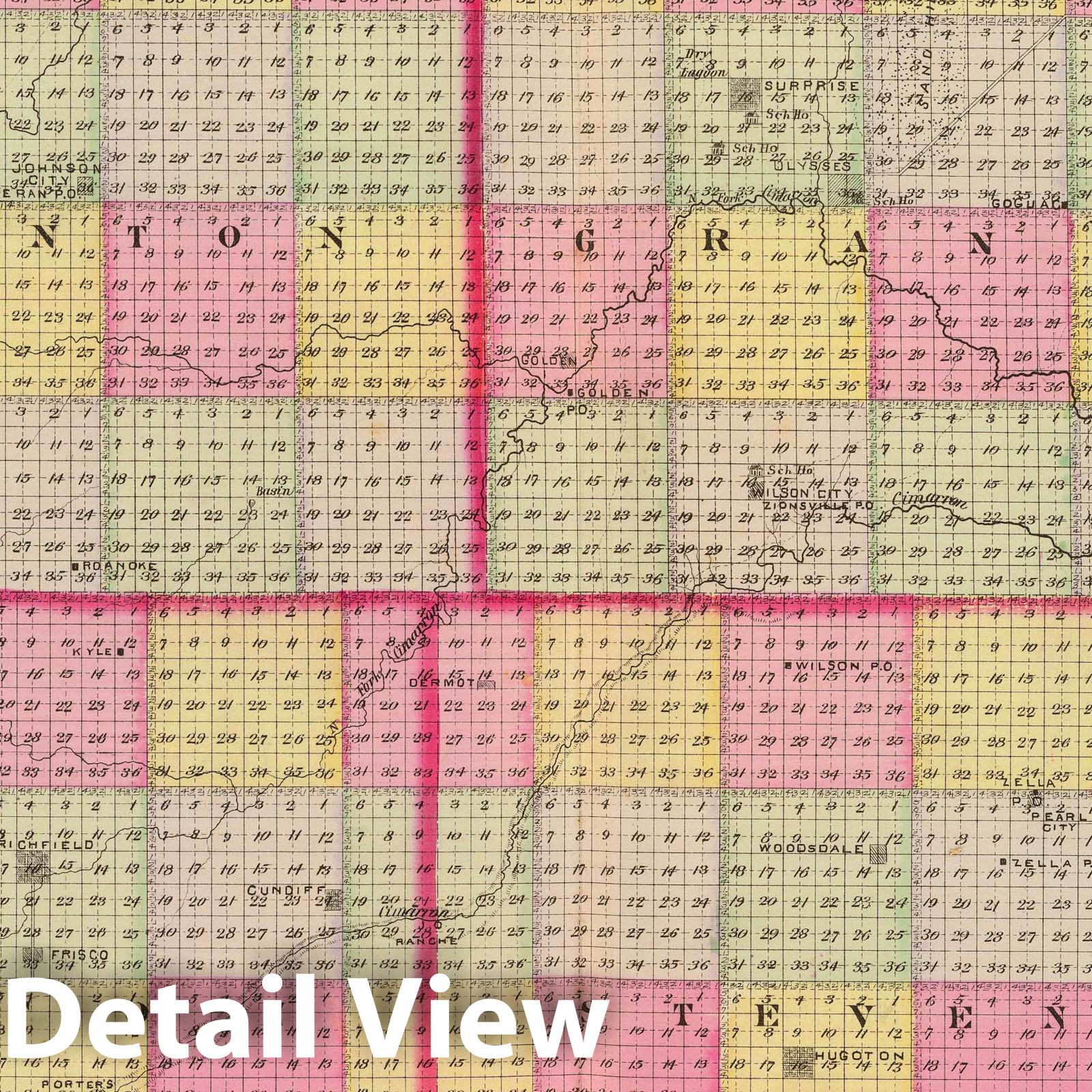 Stanton, Grant, Haskell, Morton, Stevens, and Seward Counties, Kansas - 1887 Historical Map Print