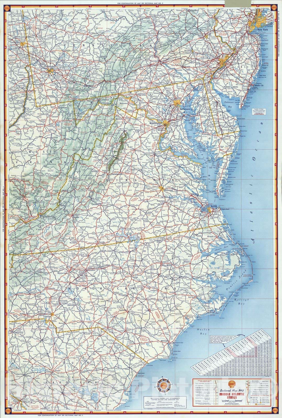 Historic Map : National Atlas - 1956 Shell Sectional Map No. 3 - Middle Atlantic States. - Vintage Wall Art