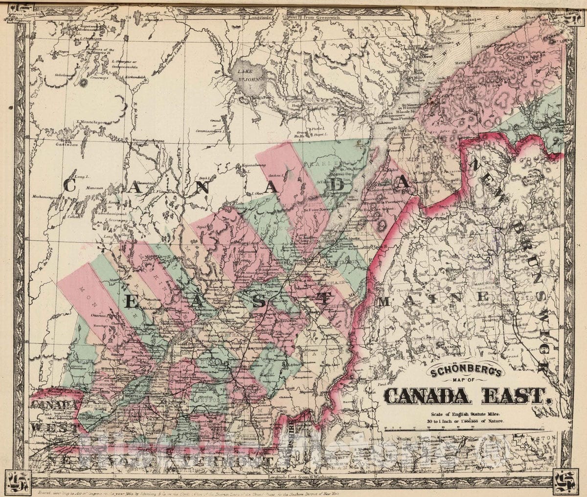 Historic Map : National Atlas - 1867 Schonberg's Map of Canada East. - Vintage Wall Art