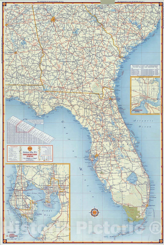Historic Map : National Atlas - 1956 Shell Sectional Map No. 5 - Southeastern States. - Vintage Wall Art
