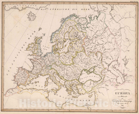 Historic Map : 1819 Europa, zur Ubersicht der Flussgebiete und Hohenz?ge - Vintage Wall Art