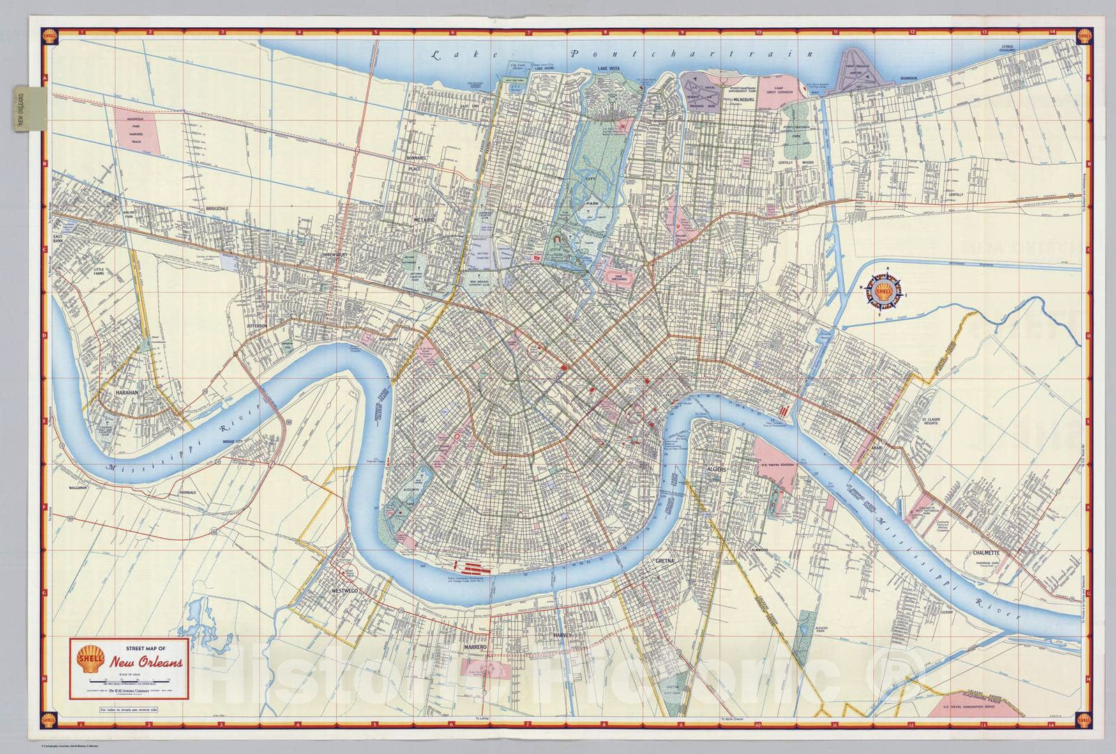 New Orleans, Louisiana - Road Map, 1956 - Shell Atlas Print