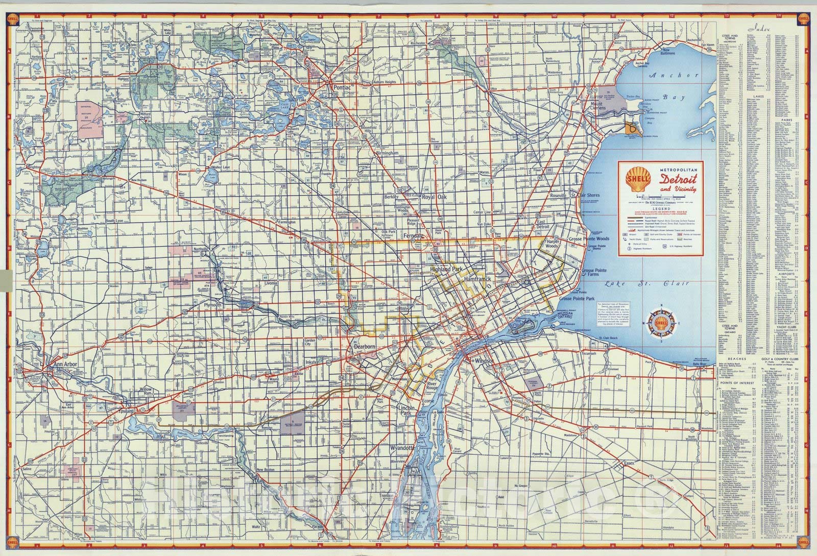 Detroit Metropolitan Area - Road Map, 1956 - Shell Atlas Print