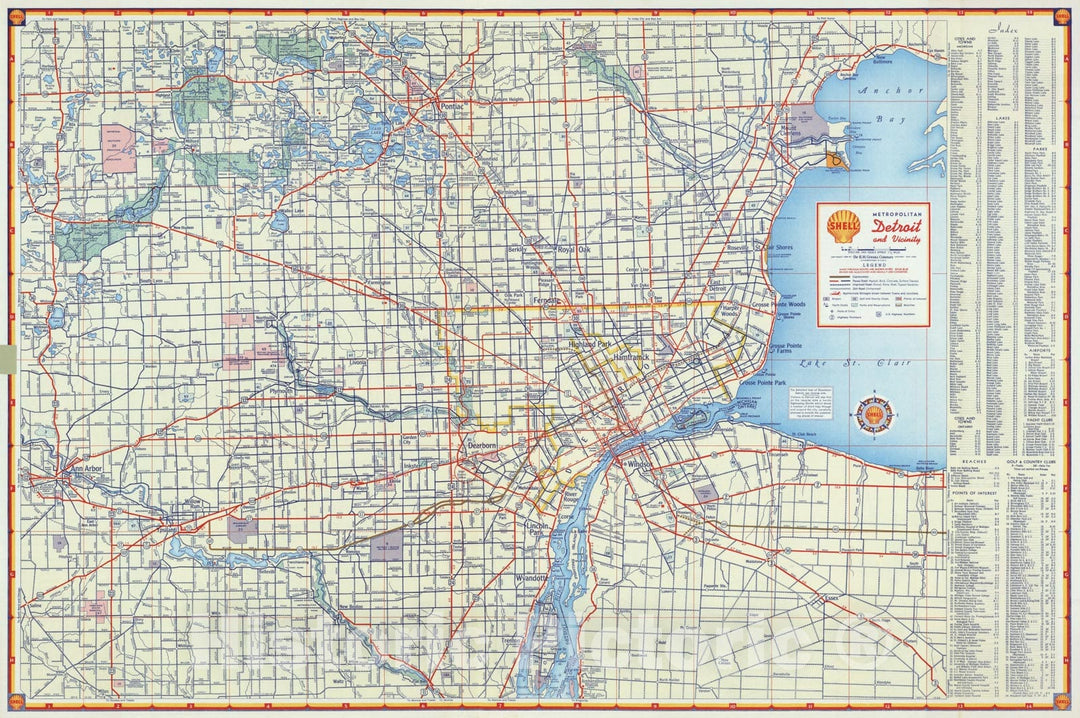 Historic Map - National Atlas - 1956 Shell Metropolitan Detroit and Vicinity. - Vintage Wall Art