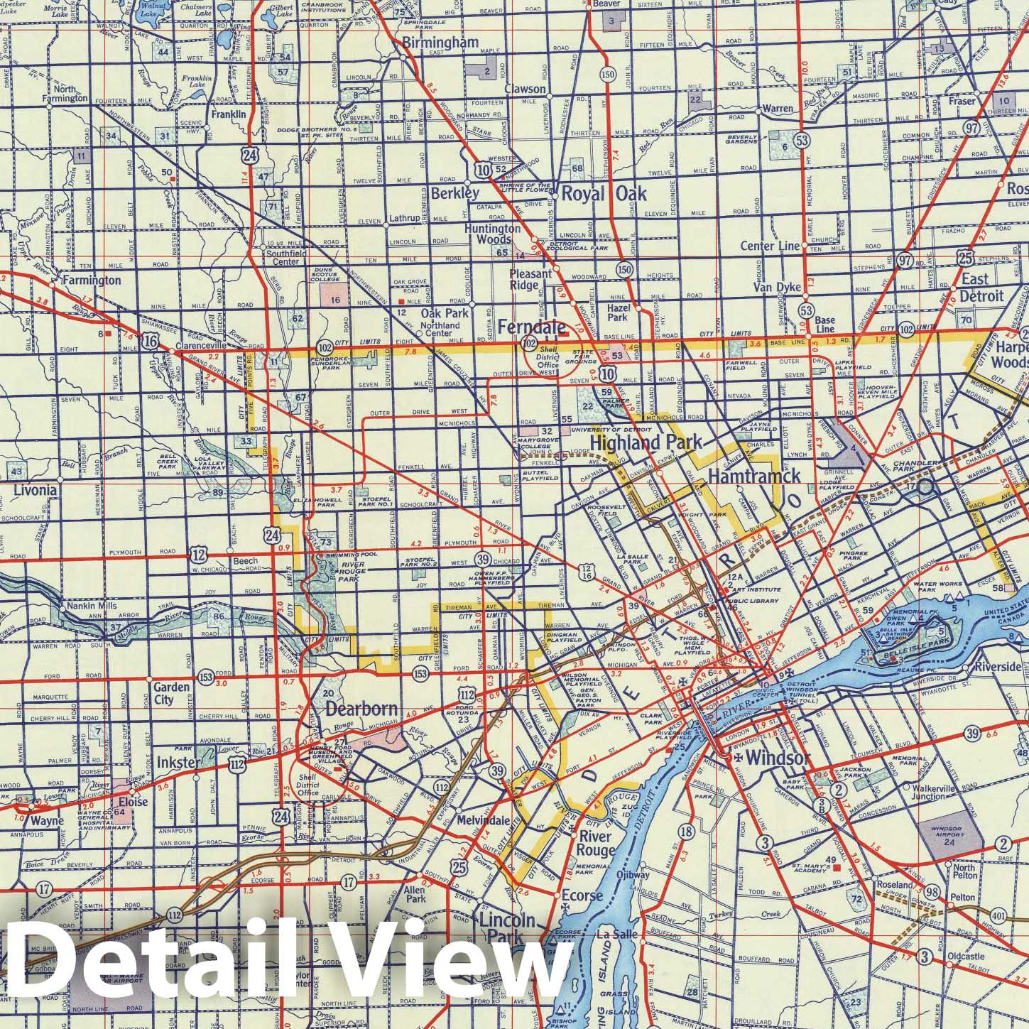 Detroit Metropolitan Area - Road Map, 1956 - Shell Atlas Print