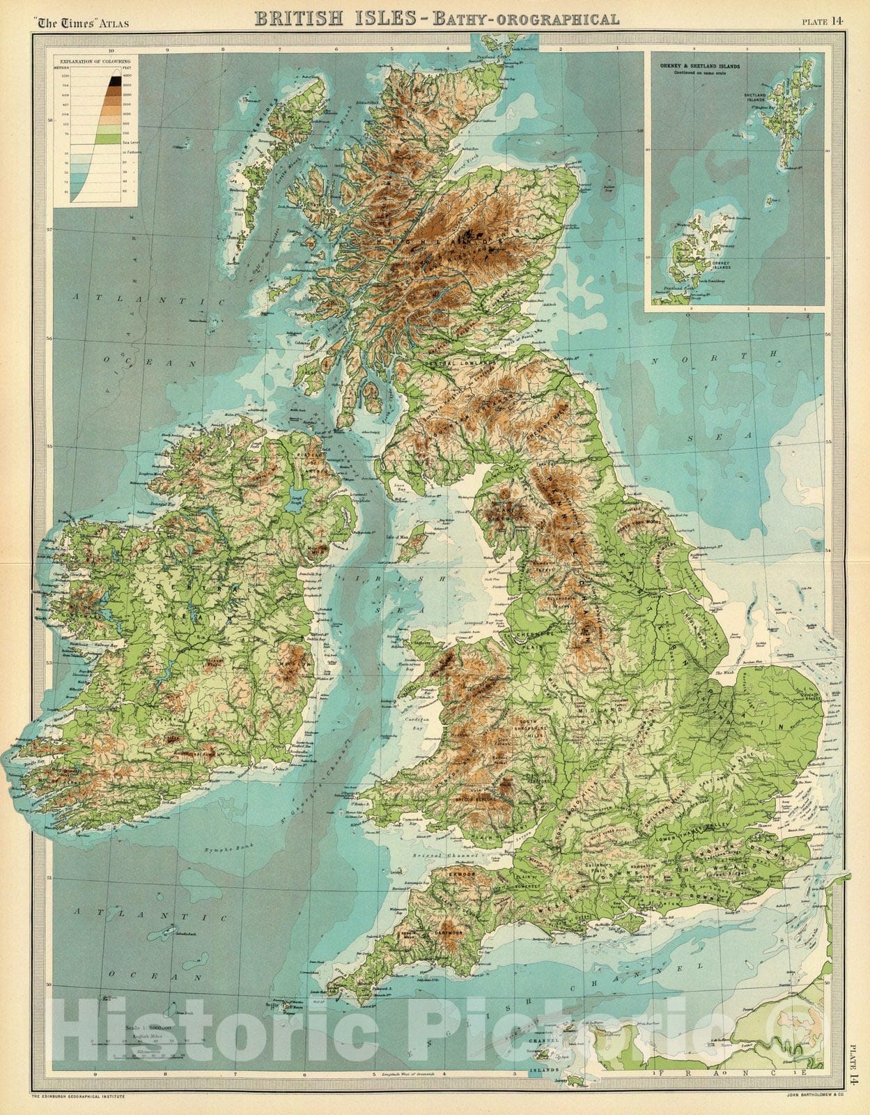 Historic Map : 1922 British Isles - bathy-orographical. - Vintage Wall Art