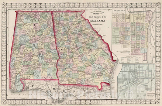 Historic Map : National Atlas - 1874 County Map of the States of Georgia and Alabama. - Vintage Wall Art
