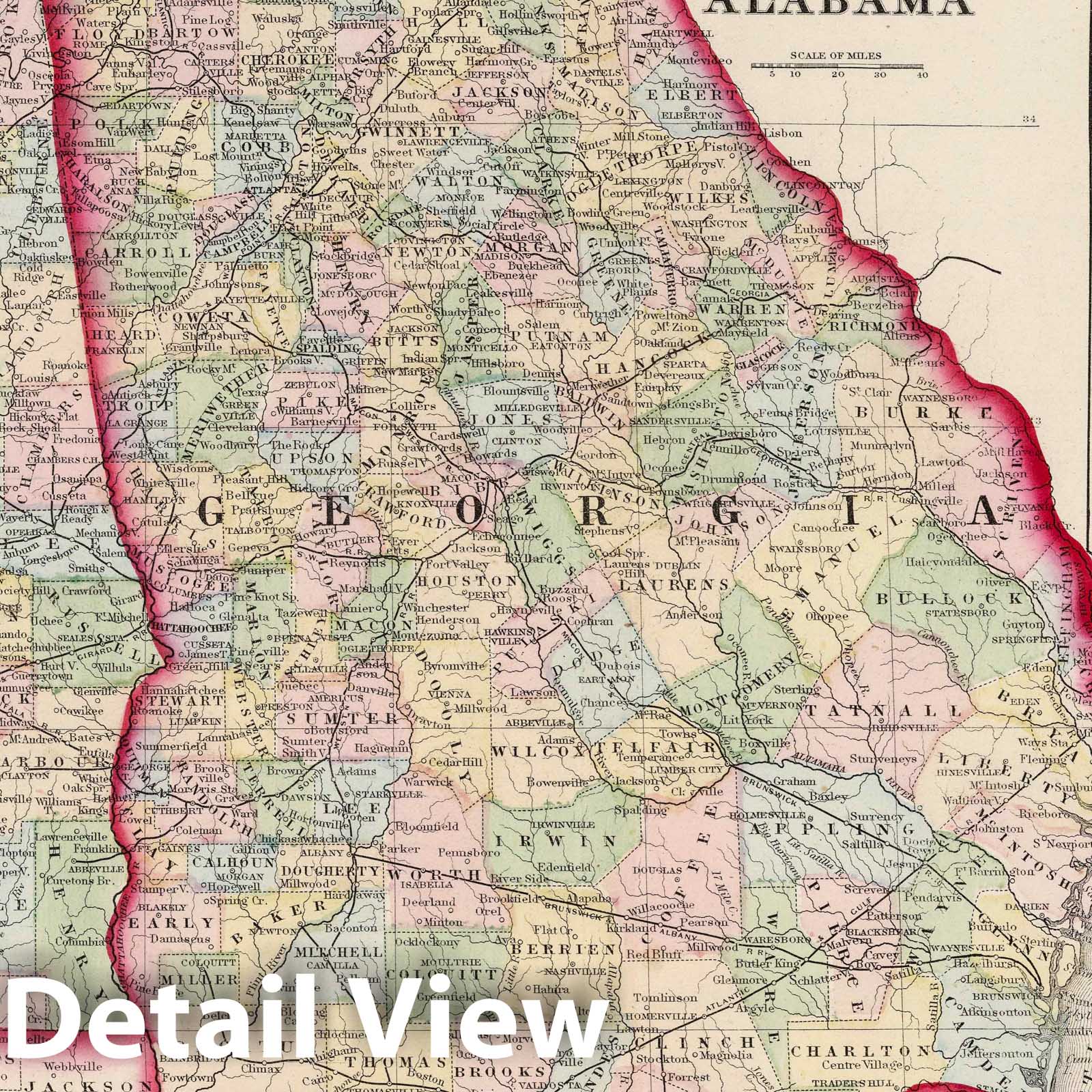 Georgia and Alabama with Atlanta and Savannah, 1874 - Historical Map Print