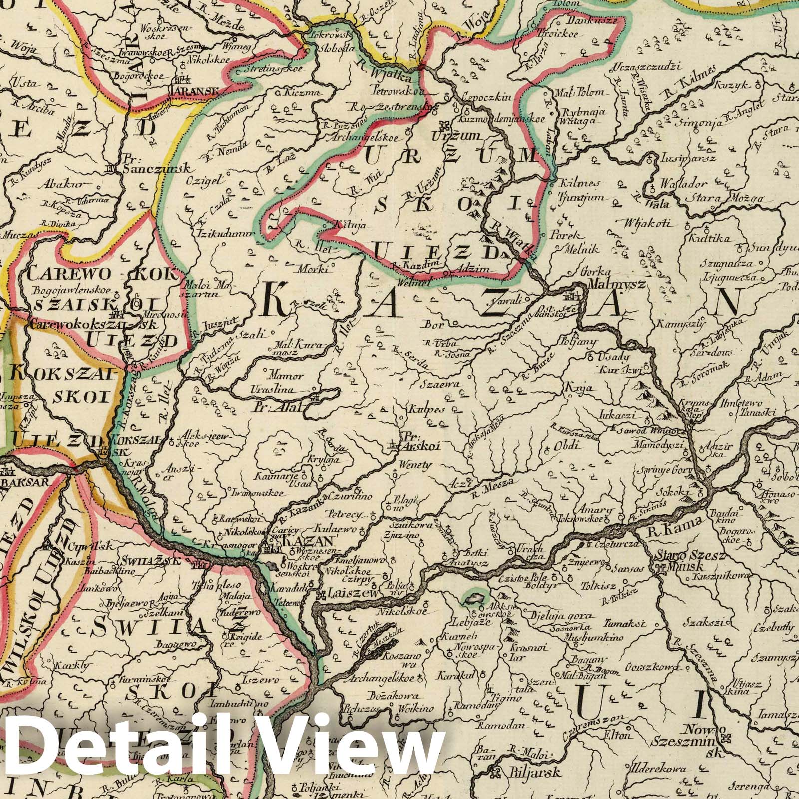 Kazan Region with Adjacent Provinces and Volga River - Road Map, 1745