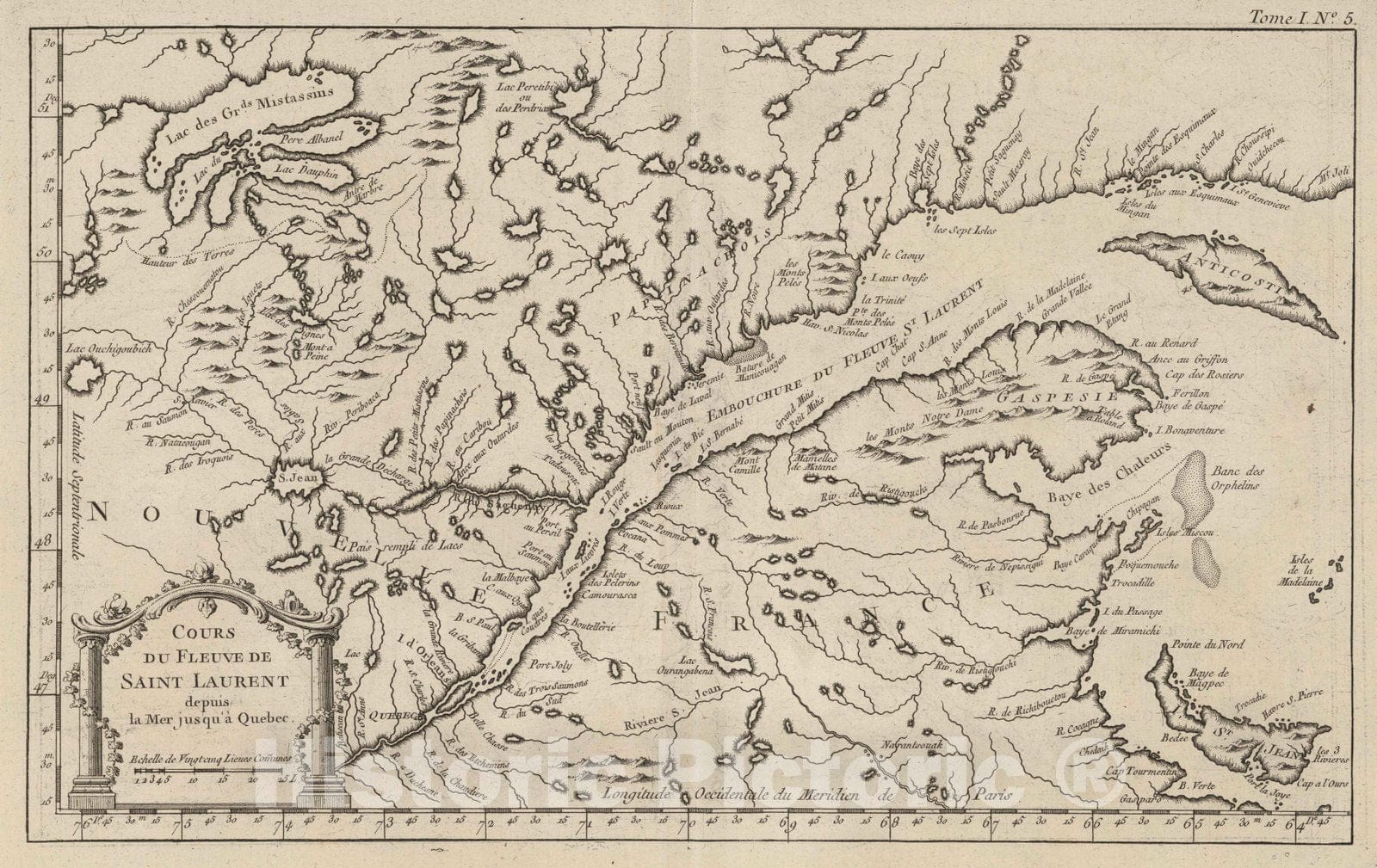 Historic Map : Saint Lawrence River 1764 Cours du Fleuve de Saint Laurent, Depuis la Mer Jusqu a Quebec , Vintage Wall Art