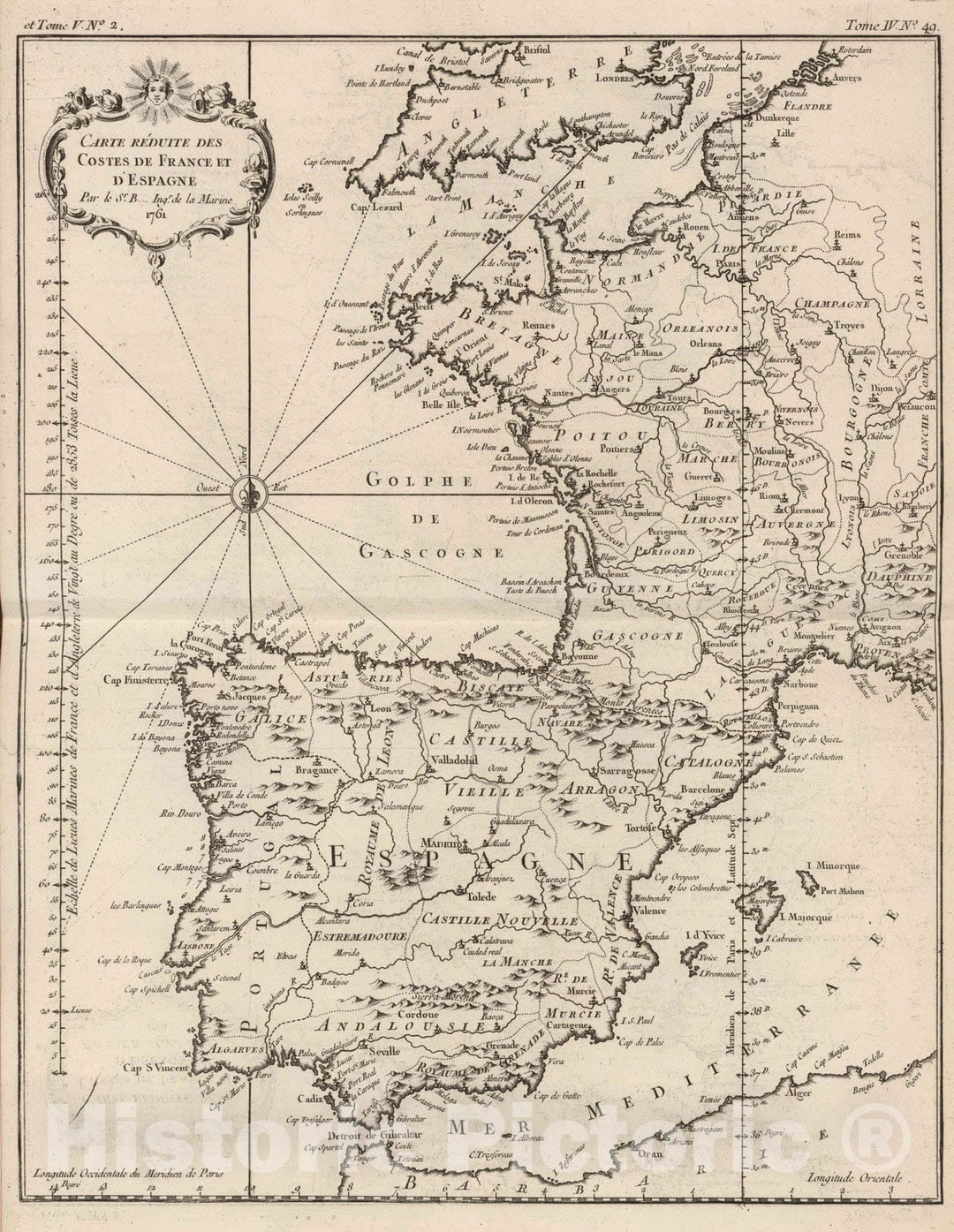Historic Map : Spain; France, , Europe 1761 Carte Reduite Des Costes De France Et D'Espagne , Vintage Wall Art
