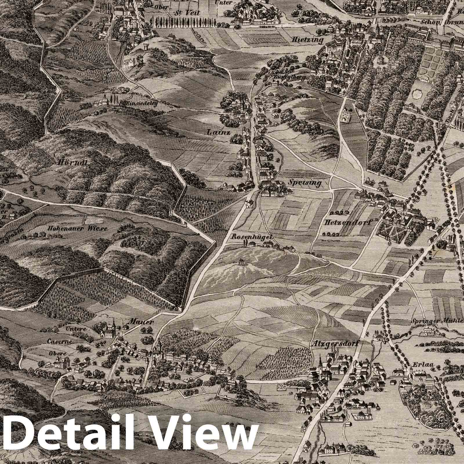 Southern Region Near Vienna, Austria - Bird's Eye View, 1837 - Historical Map Print