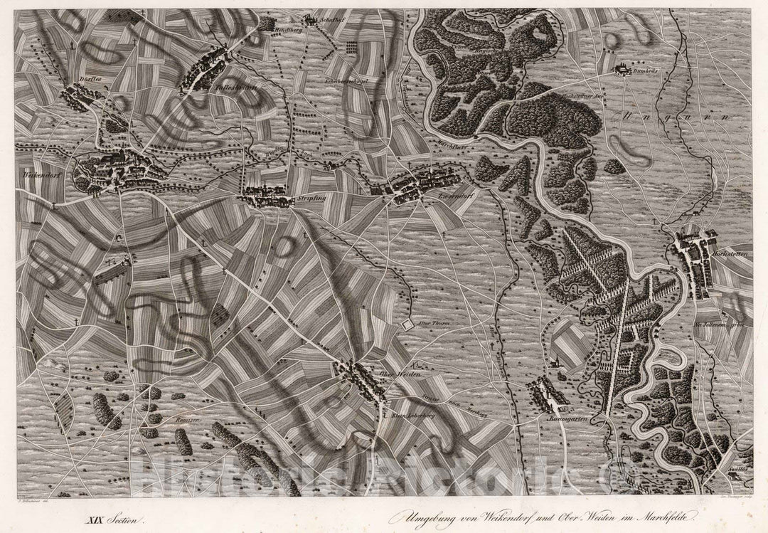 Historic Map : Austria, 1837 XIX Section. Umgebung von Weikendorf und Ober-Weiden im Marchfelde. J. Hollnsteiner del. Lor. Neumayer sculp. , Vintage Wall Art