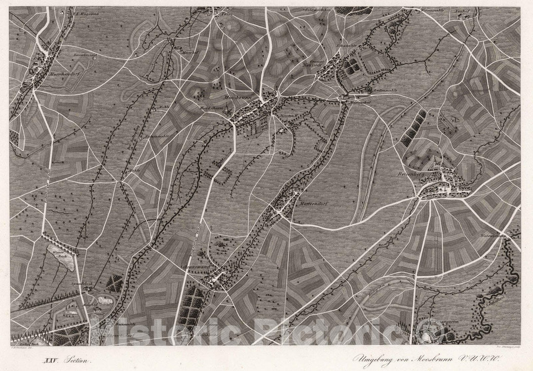 Historic Map : Austria, 1837 XXV Section. Umgebung von Moosbrunn V.U.W.W. J. Hollnsteiner del. Lor. Neumayer sculp. , Vintage Wall Art