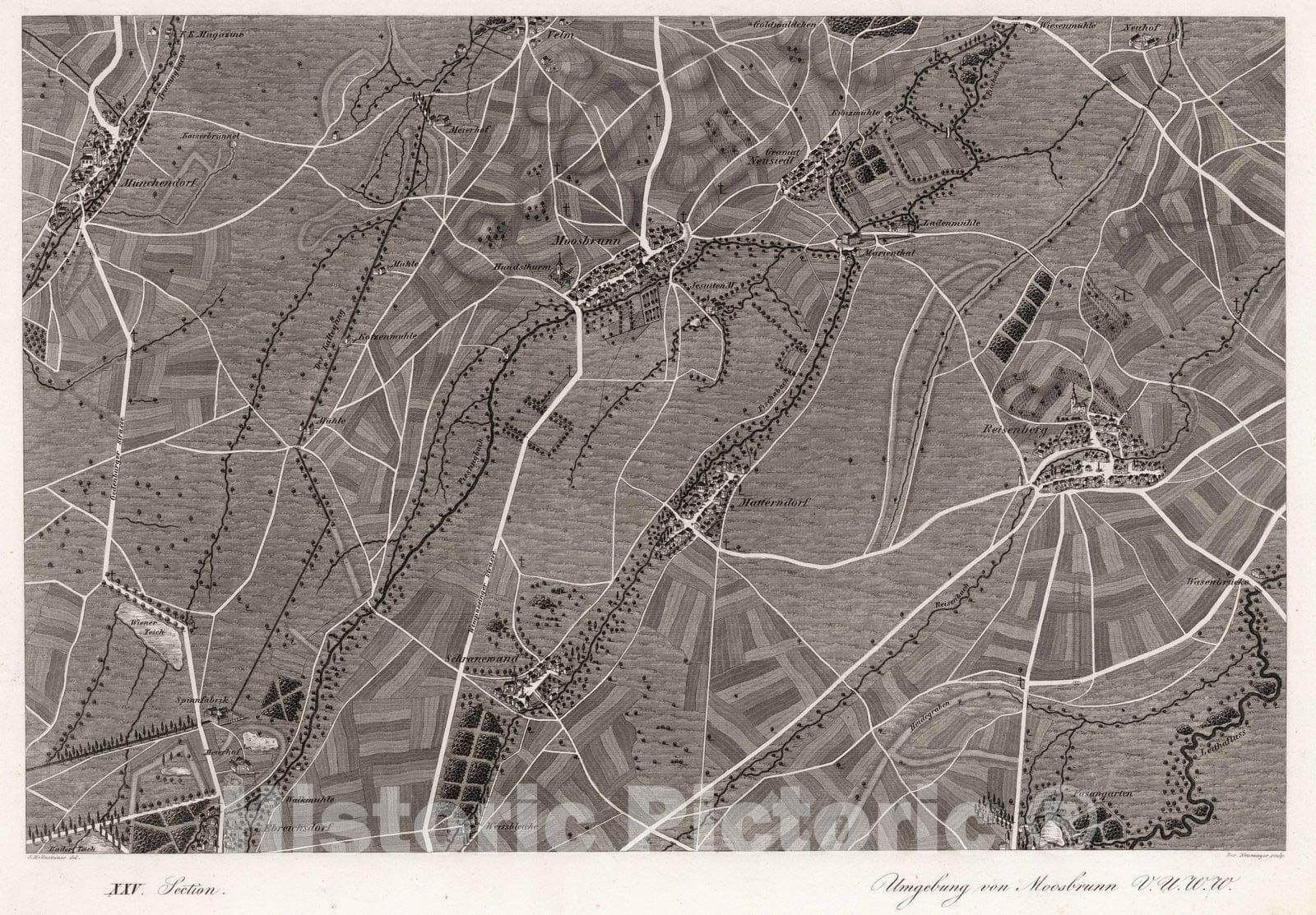 Historic Map : Austria, 1837 XXV Section. Umgebung von Moosbrunn V.U.W.W. J. Hollnsteiner del. Lor. Neumayer sculp. , Vintage Wall Art