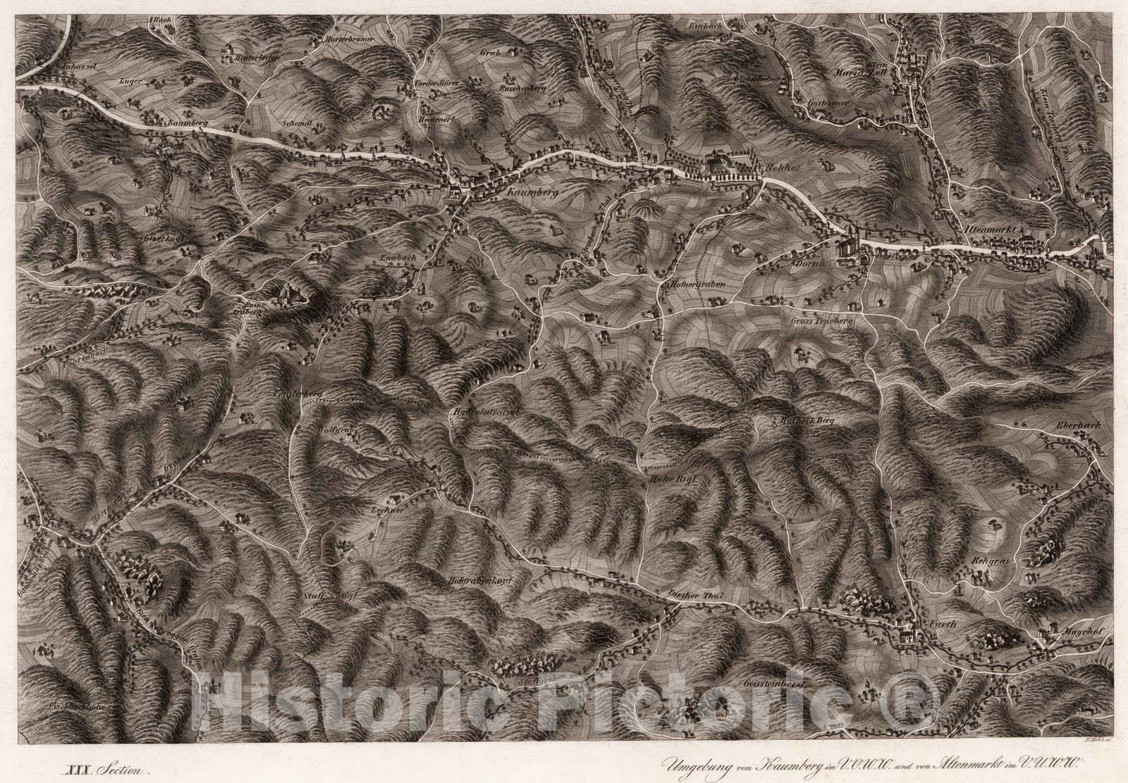 Historic Map : Austria, 1837 XXX Section. Umgebung von Kaumberg im V.O.W.W. und von Altenmarkt im V.U.W.W. Mehl sc. , Vintage Wall Art