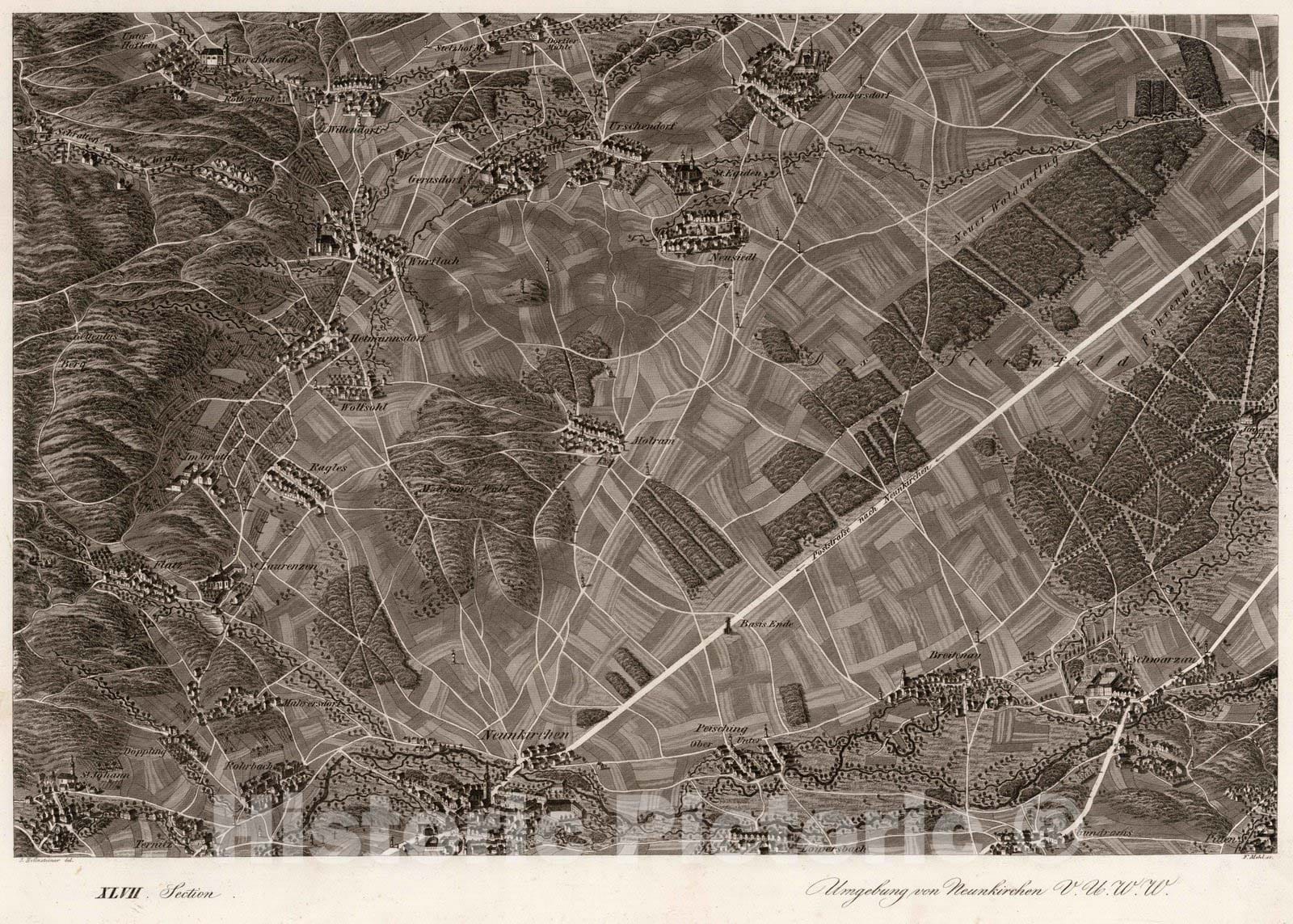 Historic Map : Austria, 1837 XLVII Section. Umgebung von Neunkirchen V.U.W.W. Hollnsteiner del. F. Mehl sc. , Vintage Wall Art