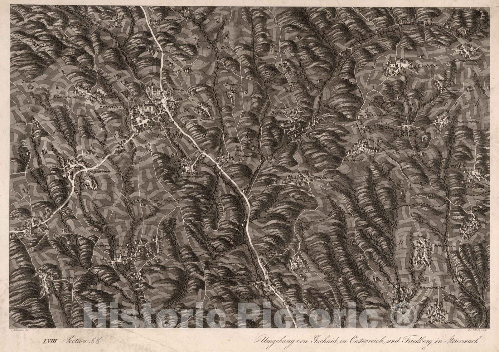 Historic Map : Austria, 1837 LVIII Section. Umgebung von Gschaid in Oesterreich, und Friedberg in Steiermark. J. Hollnsteiner del. A. Gebhardt sculp. , Vintage Wall Art