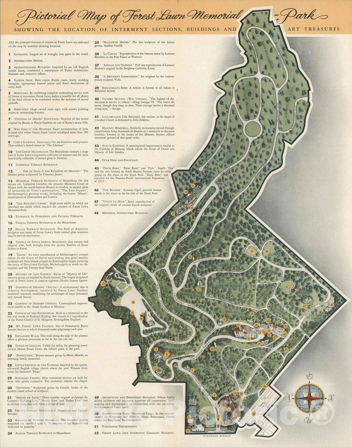 Glendale, California - Pictorial Map of Forest Lawn Memorial-Park, 1945