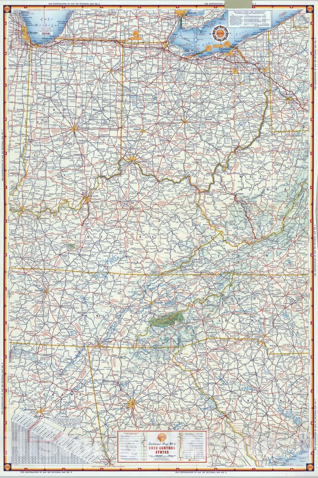 Historic Map : National Atlas - 1956 Shell Sectional Map No. 4 - East Central States. - Vintage Wall Art