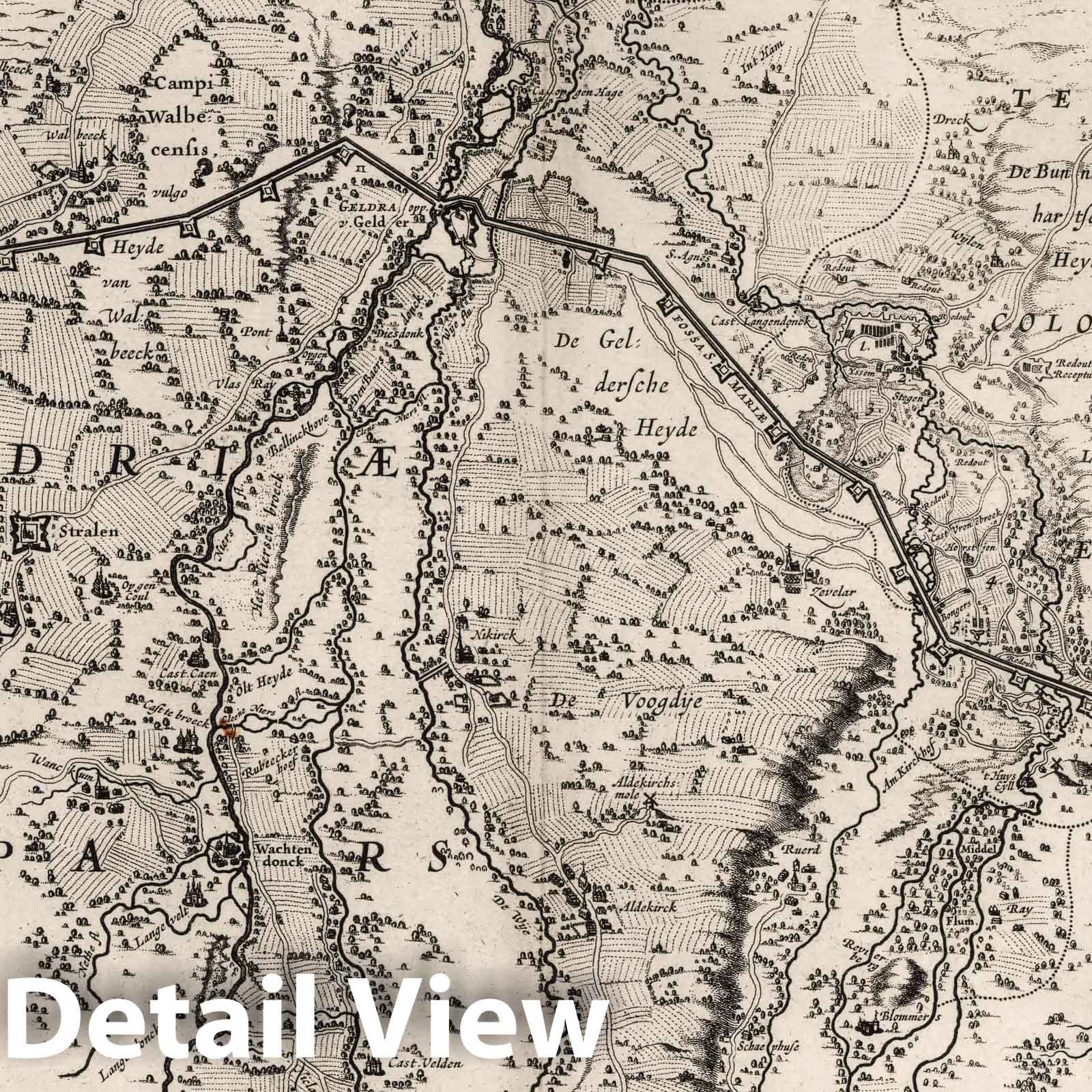 Rhine-Maas Canal, Gelderland, Netherlands, 1627 - Historical Map Reproduction