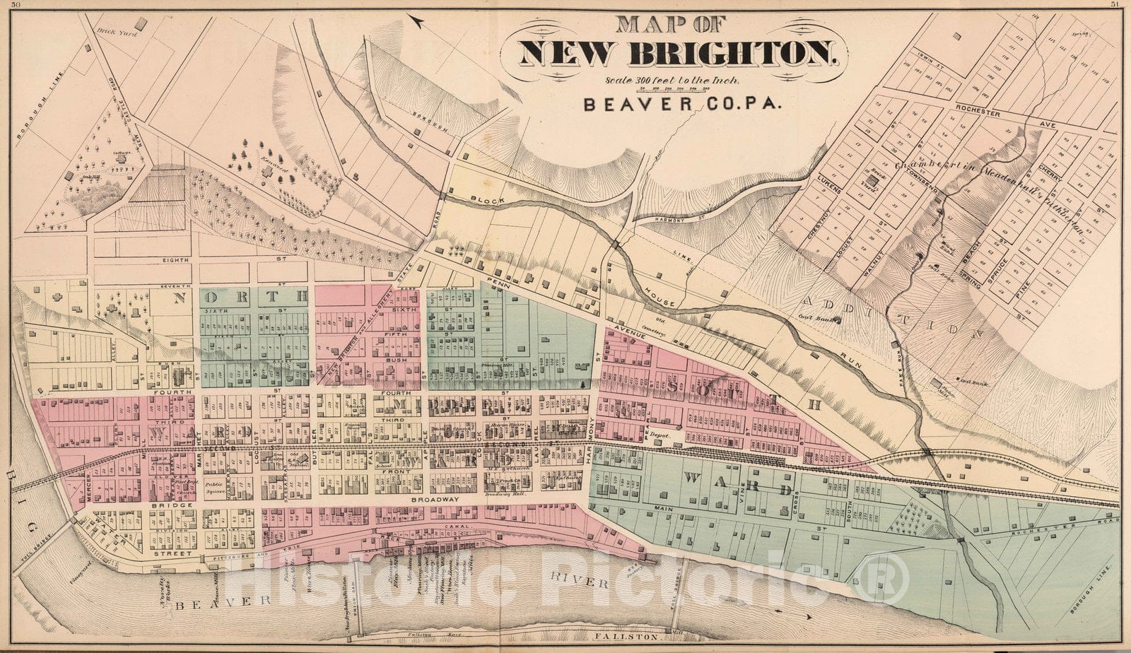 Historic Map : 1876 Map of New Brighton. Beaver Co. PA. - Vintage Wall Art