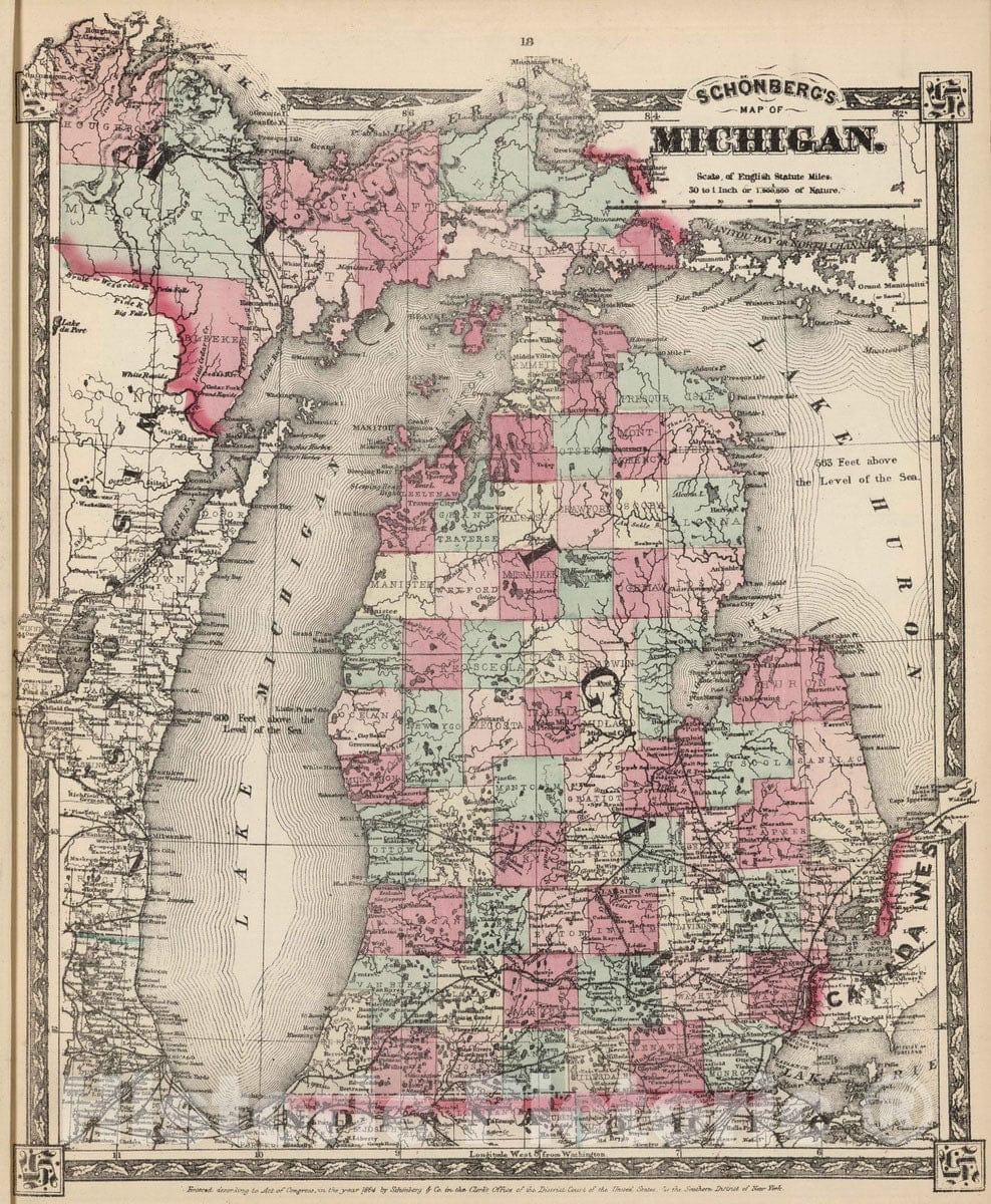 Michigan, 1867 - Historical Map Print from Schonberg's Atlas