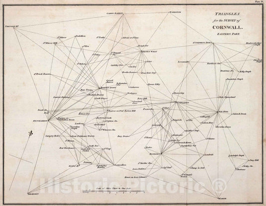 Historic Map : Survey Book - 1811 Plate IV. Triangles for the survey of Cornwall. Eastern part. Vol. 3, 1811 - Vintage Wall Art