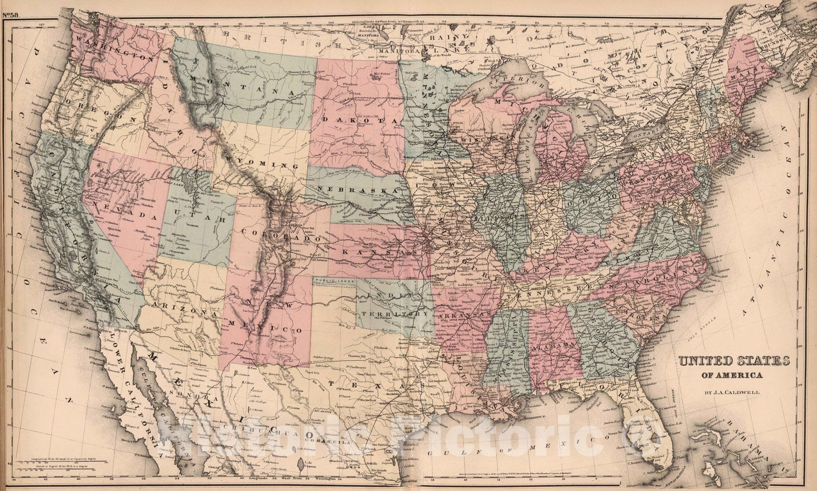 Historic Map : 1876 United States of America, by J.A. Caldwell - Vintage Wall Art