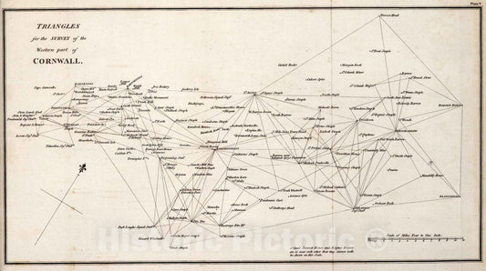 Historic Map : Survey Book - 1811 Plate V. Triangles for the survey of Cornwall. Western part. Vol. 3, 1811 - Vintage Wall Art