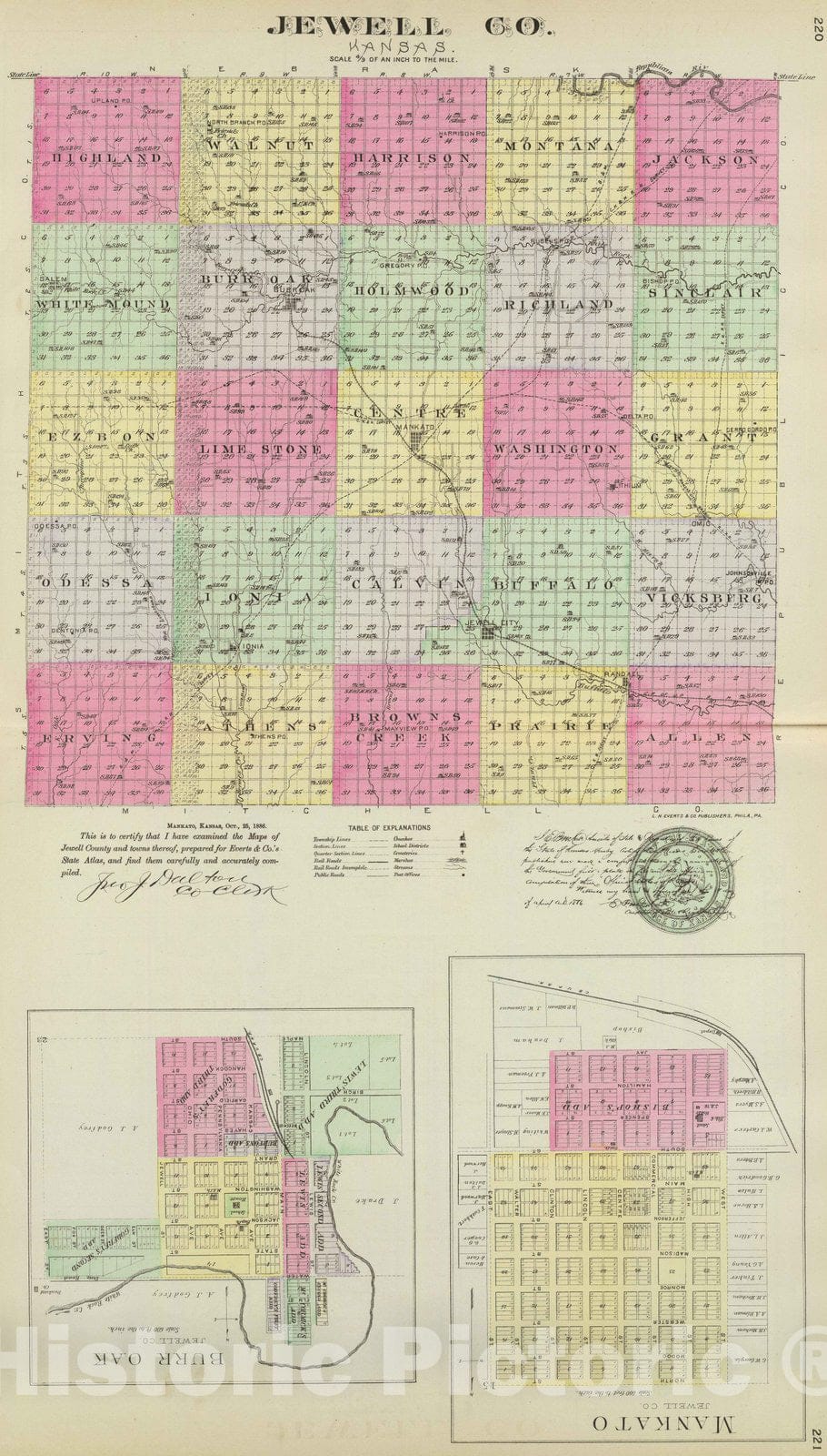 Historic Map : 1887 Jewell Co, Mankato & Burr Oak, Kansas. - Vintage Wall Art