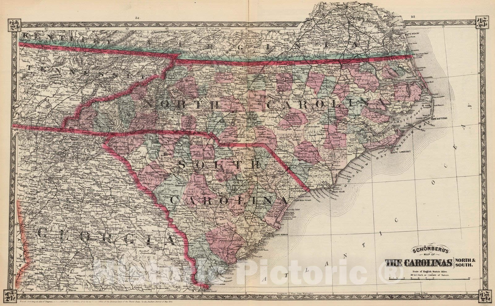 Historic Map : National Atlas - 1867 Schonberg's Map of North Carolina and South Carolina. - Vintage Wall Art