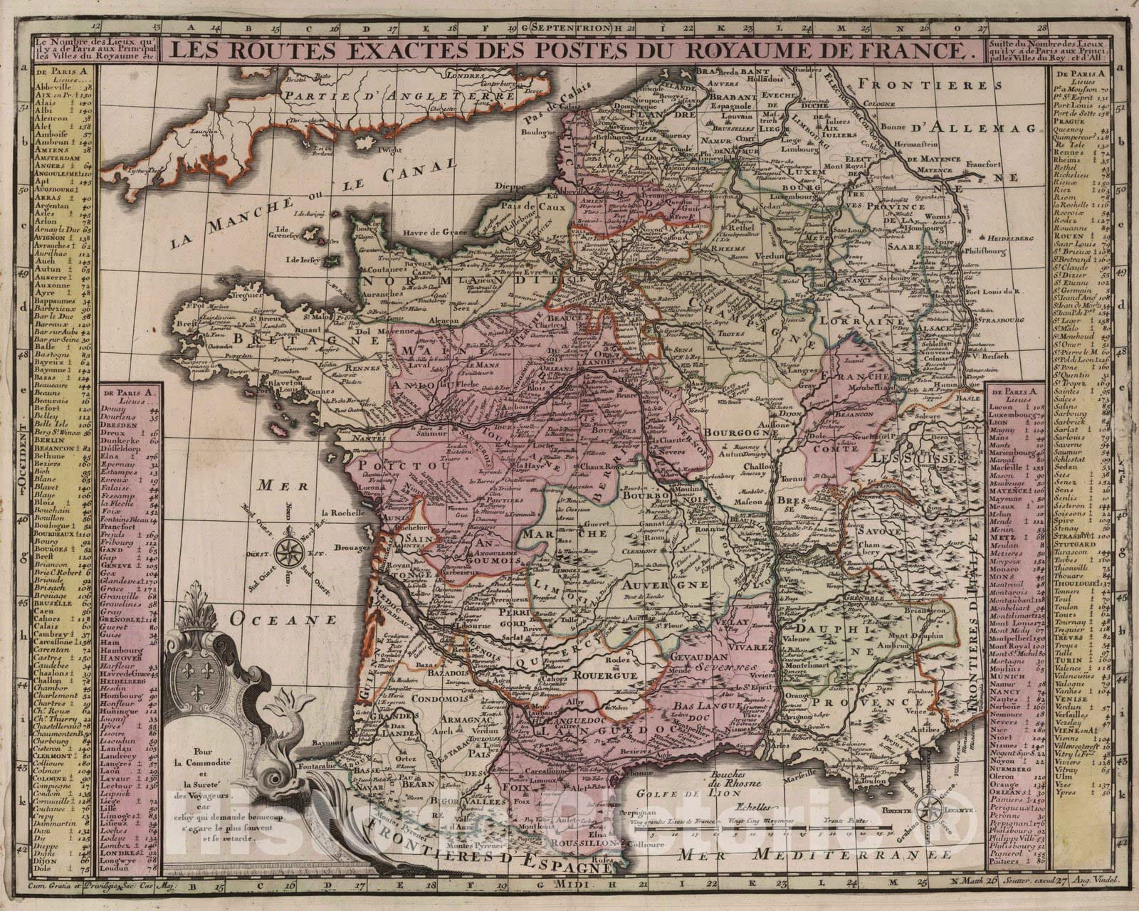 Historic Map : France, 1788 Les Routes Exactes des Postes du Royaume de France. , Vintage Wall Art