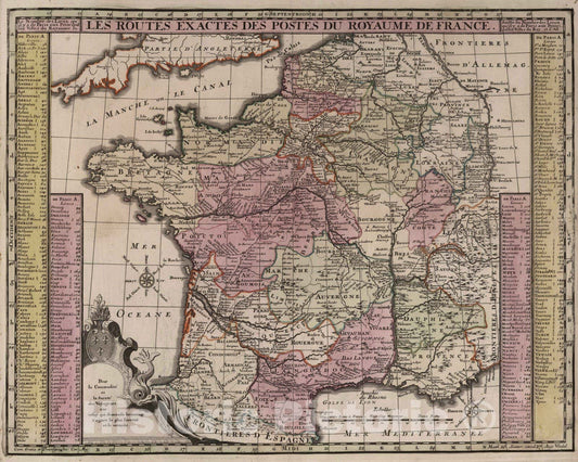 Historic Map : France, 1788 Les Routes Exactes des Postes du Royaume de France. , Vintage Wall Art