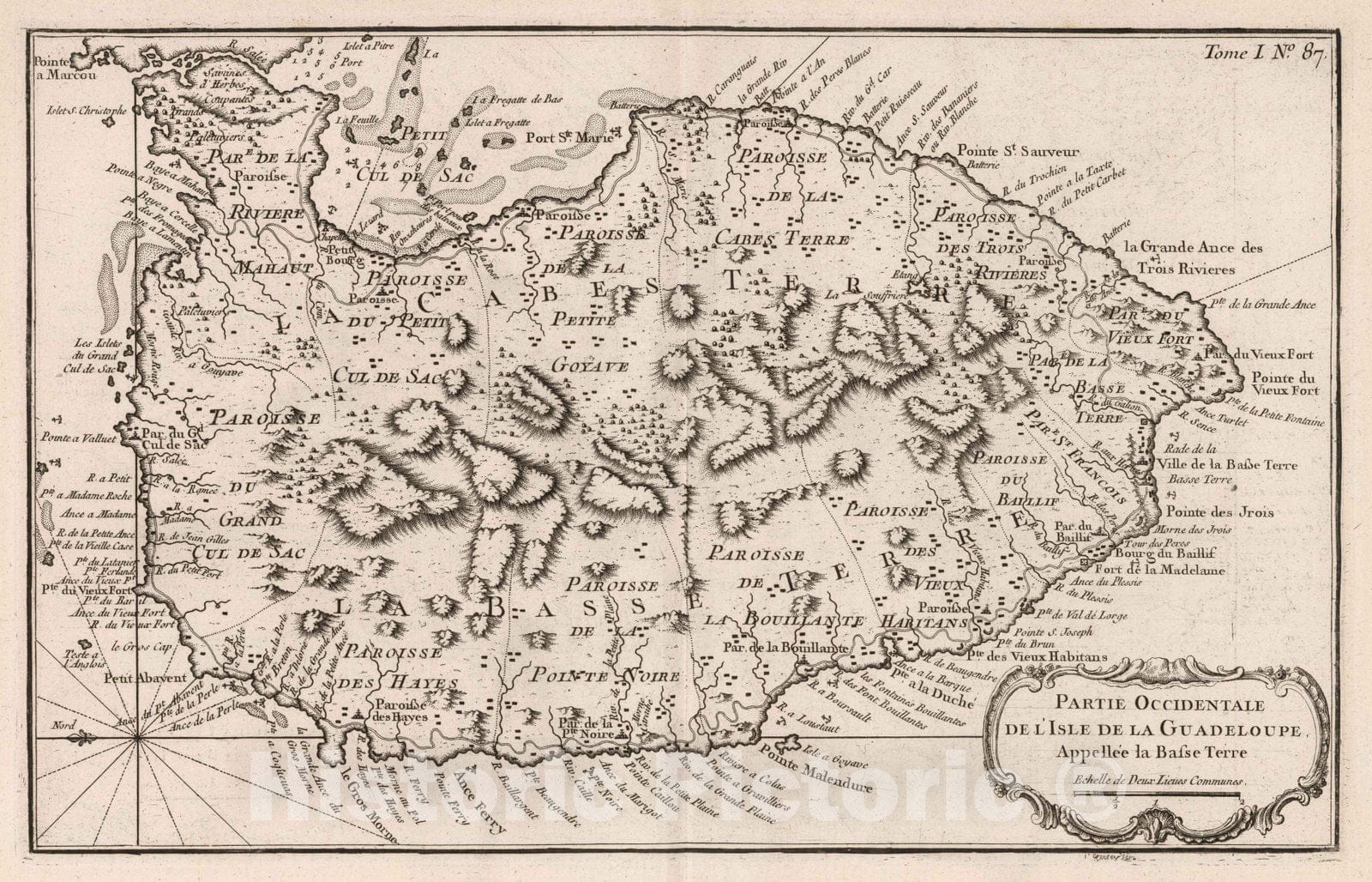 Historic Map : Guadeloupe, , West Indies 1764 Partie occidentale de I'isle de la Guadeloupe appellee la Basse Terre. Croisey, sculp. , Vintage Wall Art
