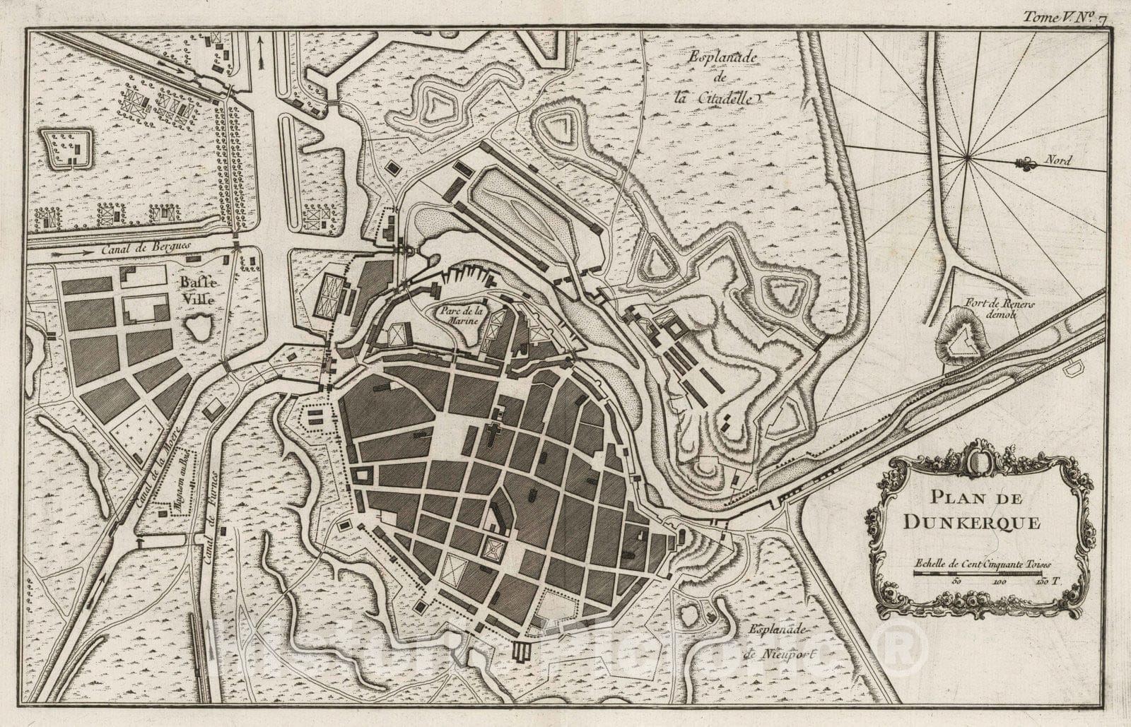 Historic Map : France , Dunkirk France, 1764 Plan de Dunkerque. , Vintage Wall Art