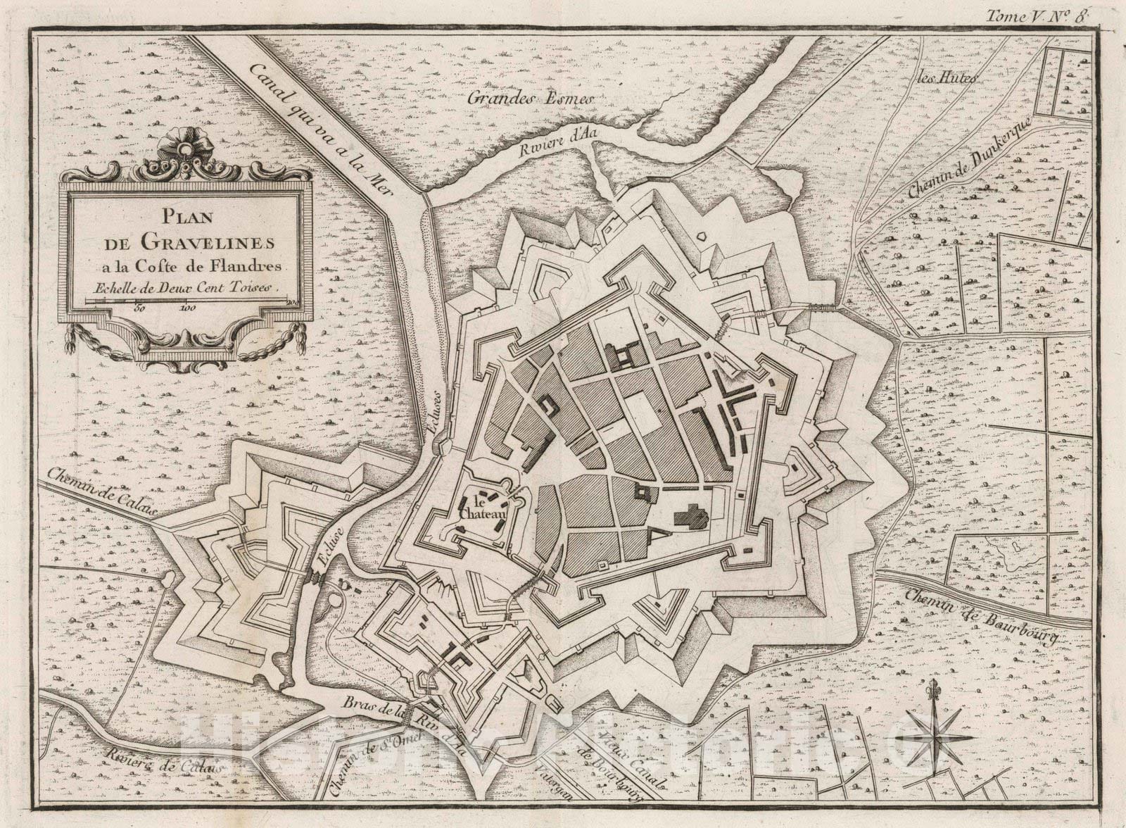 Historic Map : France , Gravelines France, 1764 Plan de Gravelines a la coste de Flandres. , Vintage Wall Art