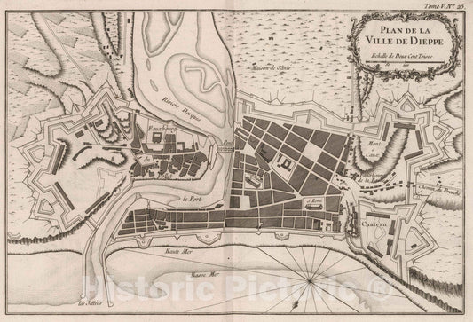 Historic Map : France , Dieppe France, 1764 Plan de la ville de Dieppe. , Vintage Wall Art