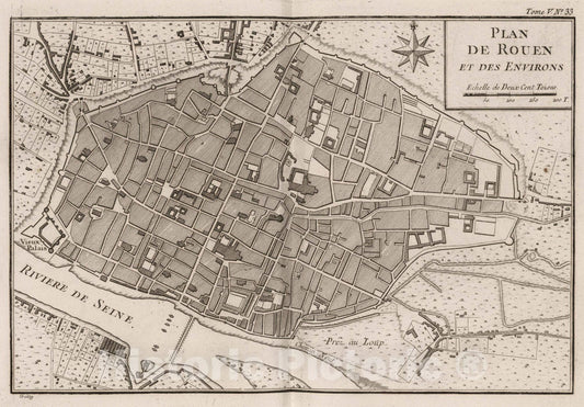 Historic Map : France , Rouen France, 1764 Plan de Rouen et des environs. Croisey [sculp.] , Vintage Wall Art